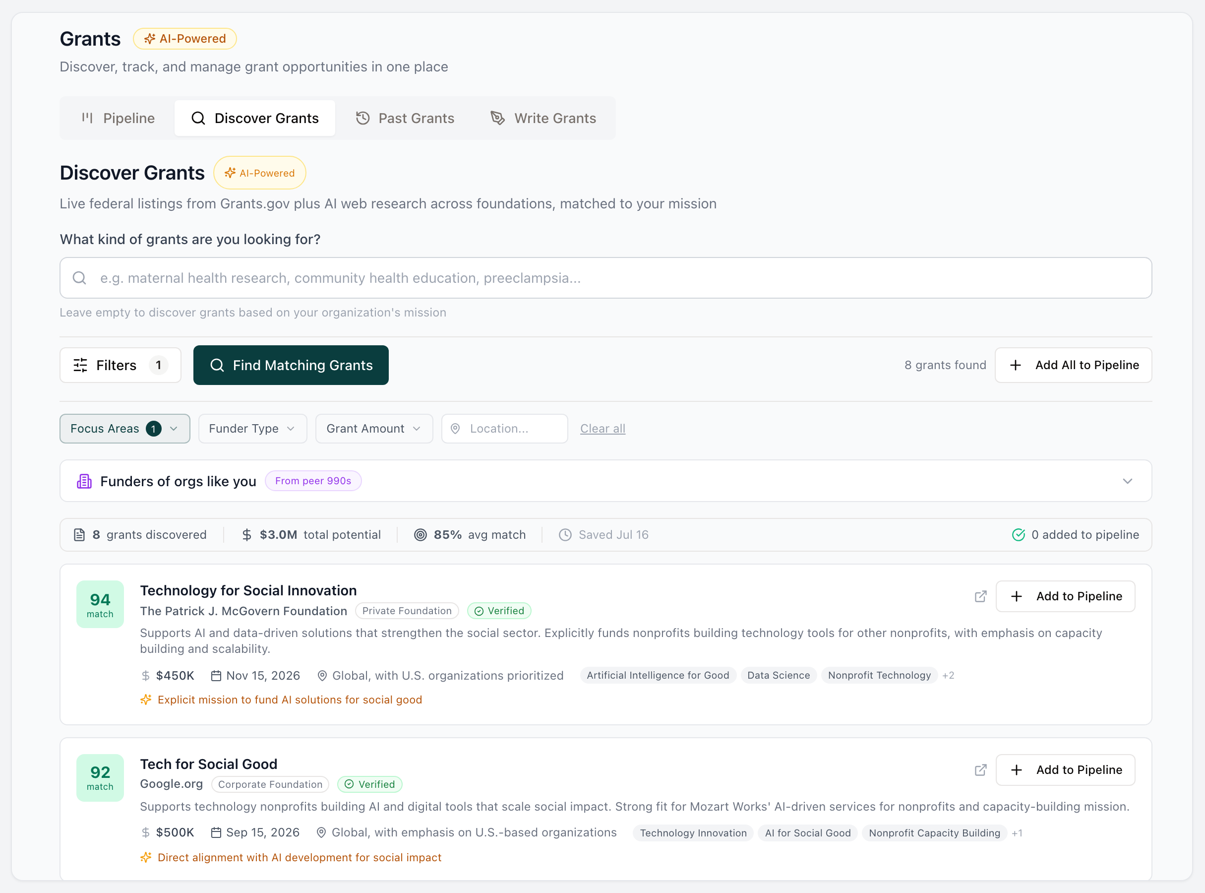 Discover Grants — live Grants.gov listings and foundation research with verified badges and match scores