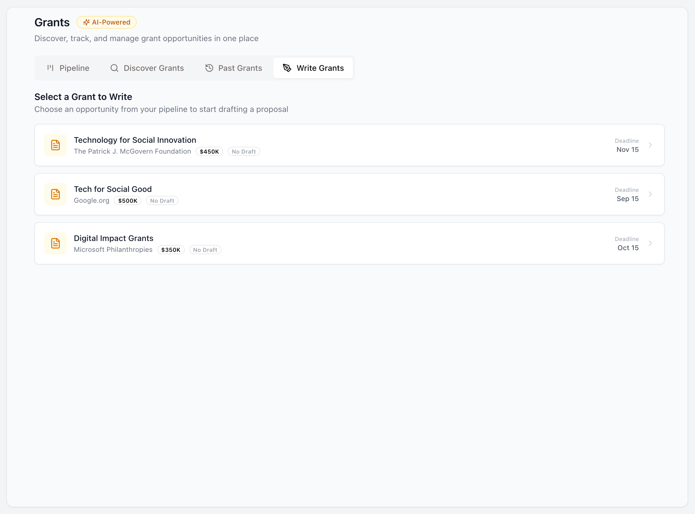 Select a grant to write — proposals drafted against your organization's own filings